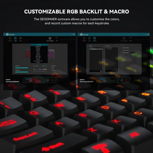 Vista 3 de Teclado para juegos con cable retroiluminado RGB, 104 teclas, iluminación RGB de 8 zonas, cubierta superior de metal, teclado macro programable