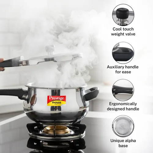 Vista 7 de Prestige Deluxe Alpha Svachh - Olla a presión de acero inoxidable con base Alpha y tapa profunda para control de derrames, (4.0 L Junior Handi)