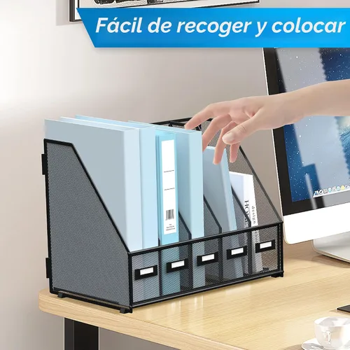Vista 7 de SUPEASY Organizador de escritorio de metal para revistas, con 5 compartimentos verticales, organizador de archivos para escritorio de oficina, Negro
