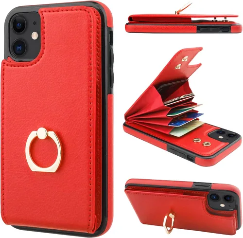 Vista 9 de Folosu Funda compatible con iPhone 11, cartera con tarjetero y rotación de 360°, soporte de anillo de dedo con función atril, bloqueo RFID, piel