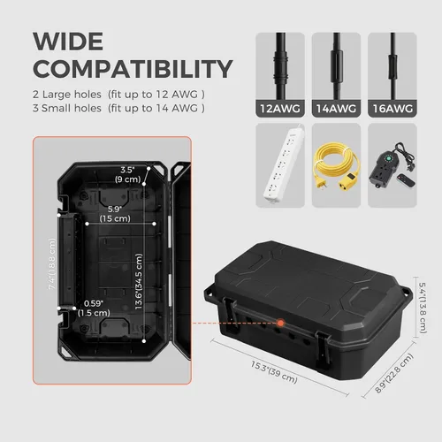 Vista 3 de WELKIN Caja Eléctrica Resistente para Exteriores (15.3 * 8.9 * 5.4 pulgadas), Cubierta de Cable de Extensión Impermeable Resistente a la Intemperie