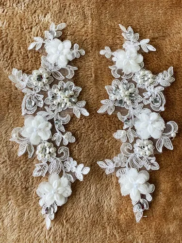 Vista 16 de Parches de tela de encaje fino bordados con diamantes de imitación bordados, decoración de vestido para coser en lentejuelas cuentas, accesorio