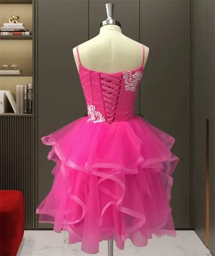 Vista 3 de Vestidos de regreso a casa Vestido de fiesta de tul Apliques Vestido de fiesta de cóctel de encaje corto tirantes espagueti vestidos