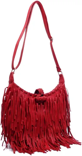 Vista 2 de Pink Haley, flecos de doble cara, bandolera ajustable, color rojo