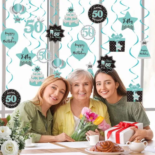 Vista 6 de Decoración de techo con diseño de remolinos colgantes para fiesta de cumpleaños número 50, decoración de 50 años, espirales colgantes de papel