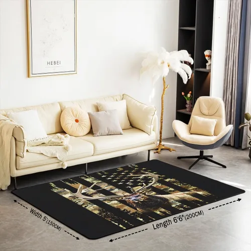 Vista 2 de Alfombra decorativa con bandera americana, para sala de estar, para niños, niñas, ciervos, caza, cuernos, animales salvajes, interiores, 3 x 5 pies