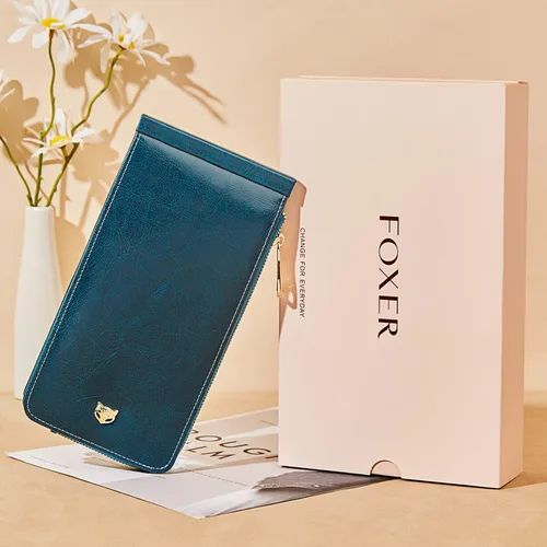 Vista 7 de FOXLOVER Portatarjetas de crédito múltiples para mujer, con bloqueo RFID, cartera de cuero para mujer con bolsillo con cremallera, Azul