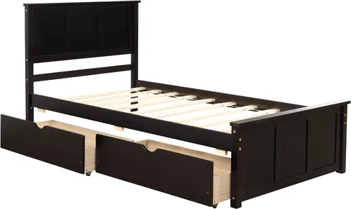 Vista 5 de P PURLOVE Marco de cama de tamaño individual con dos cajones debajo, marco de cama de plataforma doble de madera con cabecera con soporte de Espresso