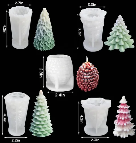 Vista 2 de 5 moldes de silicona de Navidad, 4 moldes de silicona para velas de árbol de Navidad y cono de pino, molde en forma de tema de Navidad para velas