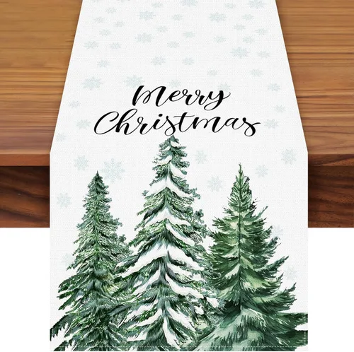 Vista 10 de Camino de mesa navideño de 72 x 13 pulgadas, diseño de adorno rojo con flor de pascua, ramas de pino y patrón de copo de nieve para cocina, mesa