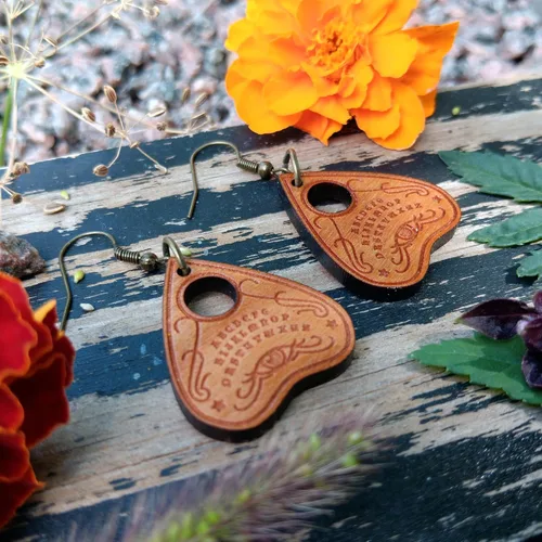 Vista 8 de Spirit Board - Aretes colgantes tipo planchette, hipoalergénicos de madera sin níquel, joyería de bruja de invocación de espíritu de mal de ojo