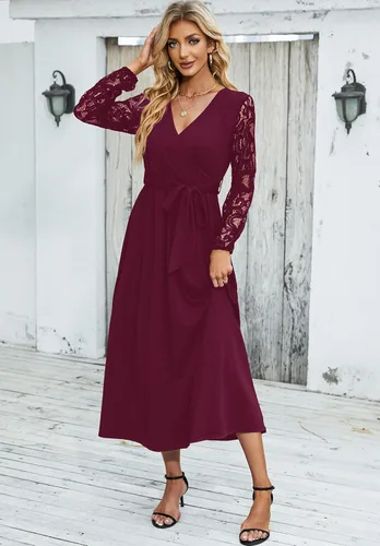 Vista 5 de Runwind Elegante vestido largo para mujer, cuello en V, encaje de manga larga, vestidos de dama de honor con cinturón