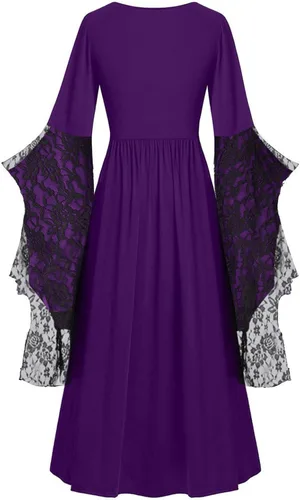 Vista 2 de YZHM Vestido medieval para mujer, disfraz de Halloween, vestido renacentista, manga acampanada, vestido victoriano, vestido largo pirata campesino