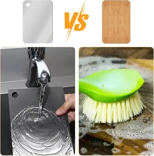 Vista 6 de Tablas de cortar de acero inoxidable de titanio para cocina, doble cara 11.8 x 7.87 pulgadas, grado alimenticio, para cortar verduras y carne