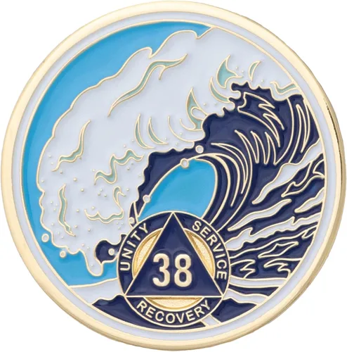Vista 67 de Moneda AA de 1 año – Medallón de recuperación de ondas estrelladas de Sobriety Mint – azul/blanco/dorado