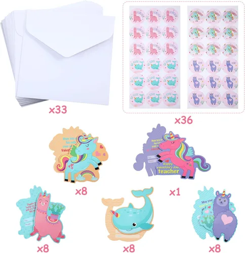 Vista 4 de Zonon Buzón de San Valentín, tarjetas de unicornio para el día de San Valentín, regalos con sobres y calcomanías para intercambio en el aula