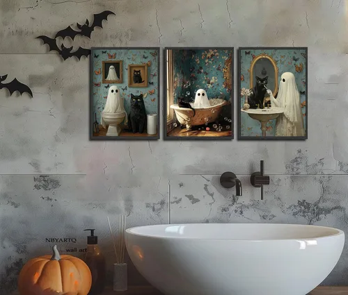 Vista 7 de NBYARTQ Pósteres de Fantasmas de Halloween Arte de Pared Juego de 3 Impresiones de Terror Espeluznante Academia Oscura Fantasma y Gato Negro