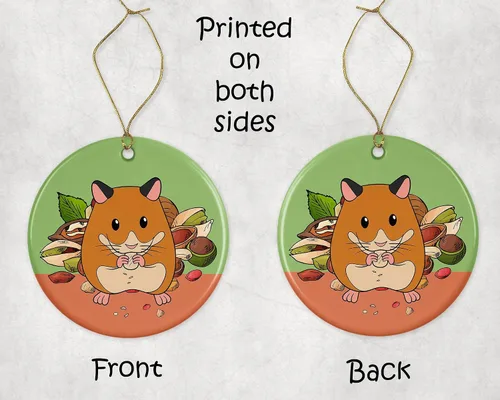 Vista 3 de Hamster Eating Stash of Food – Adorno de Navidad – Adorno de Navidad – Adorno de cerámica para él, su esposa y esposo impreso en ambos lados
