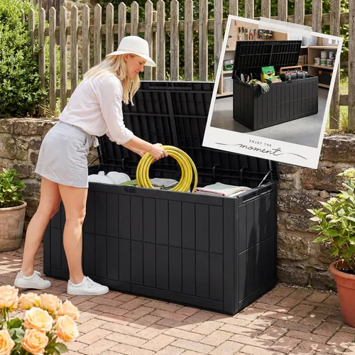 Vista 6 de Caja de almacenamiento para exteriores de 100 galones, con cerradura, impermeable, de resina, contenedor de almacenamiento para interiores
