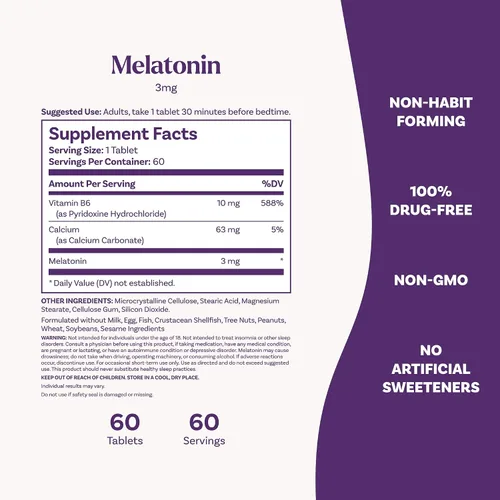 Vista 6 de Natrol Melatonina 3 mg, suplemento dietético para un sueño reparador, suplementos de sueño para adultos, 60 tabletas de melatonina, suministro