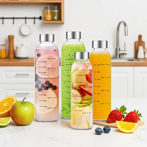 Vista 6 de Botellas de agua de vidrio Olivego con tapas 17 oz, botellas de jugo transparentes con tapa de acero inoxidable, botella de vidrio reutilizable