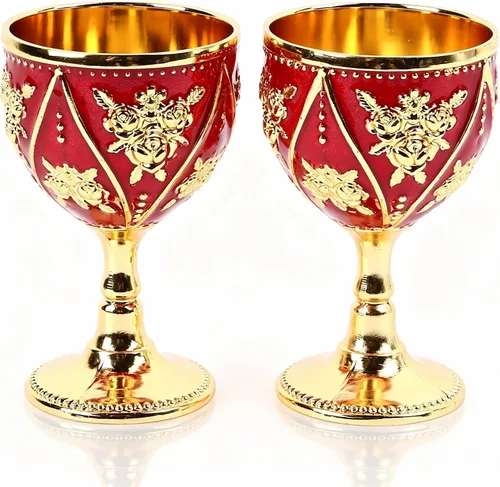 Vista 10 de HERCHR 2 copas vintage, copa de vino medieval, copa de vino de metal de cobre en relieve, mini copas de comunión, copa de vino real, relieve 3D Oro