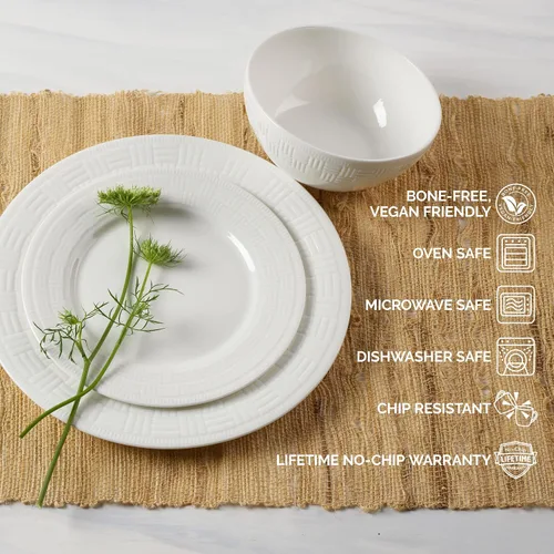 Vista 4 de Mikasa Ashlyn Juego de Vajilla de Porcelana Ósea Vegana Resistente a Astillas de 12 Piezas, Servicio para 4
