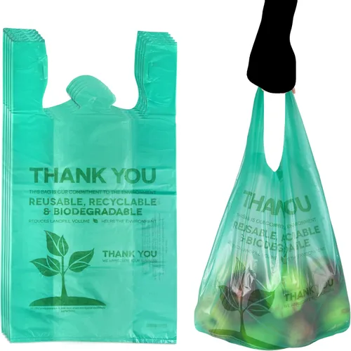 Vista 6 de KitchenDine Bolsas de plástico ecológicas verdes – 100 bolsas de compras biodegradables – Thank You – Bolsa de transporte de 22 x 12 pulgadas (100)