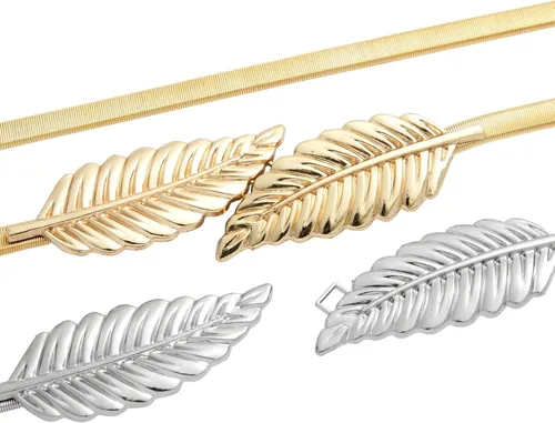 Vista 9 de Juvale Cinturones de cintura metálicos elásticos y ajustados, cinturones de metal dorado y plateado de dos tonos para mujer con patrón de hojas