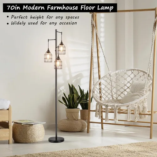 Vista 7 de Sucolite Lámpara de Pie Regulable de 70" para Sala de Estar, Lámpara de Pie Industrial de Árbol de 3 Luces Negra con Jaulas, Lámpara de Pie Alta