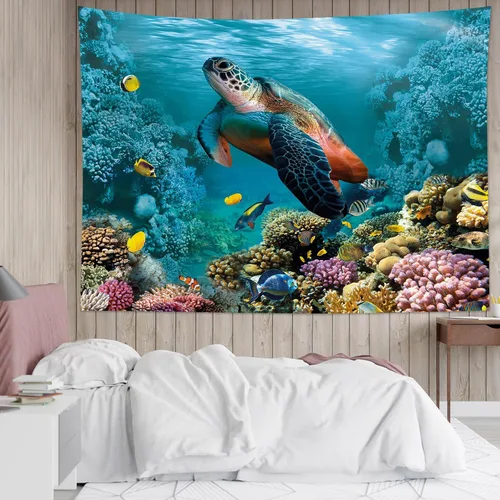 Vista 3 de HVEST Tapiz de tortuga marina para colgar en la pared, peces tropicales y coral en mundo submarino para dormitorio, océano azul, paisaje natural