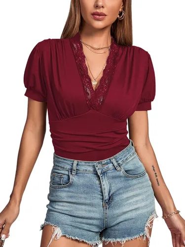 Vista 7 de LYANER Body de manga corta abombada con cuello en V y ribete de encaje para mujer