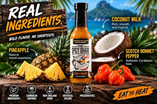 Vista 4 de The Spicy Shark Caribbean Reef Shark Scotch Bonnet Pepper Island Hot Sauce Botella de 5 onzas – Marca presentada en Hot Ones