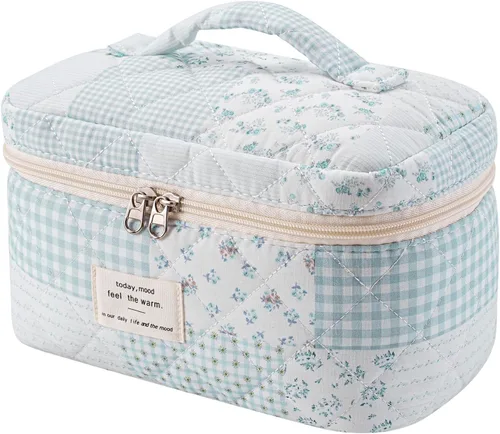 Vista 43 de uekeboag - Bolsa de maquillaje grande de viaje acolchada para mujer, neceser de algodón con estampado floral, neceser con estampado floral