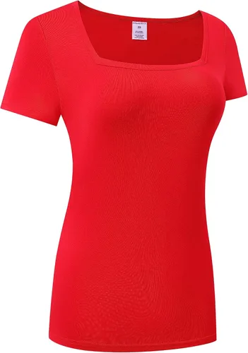 Vista 3 de OThread & Co. Camiseta de manga corta para mujer, cómoda, cuello cuadrado, capa elástica básica