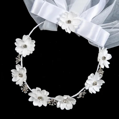 Vista 2 de DDazzling Corona de flores niñas primera comunión blanco floral guirnalda velo de encaje