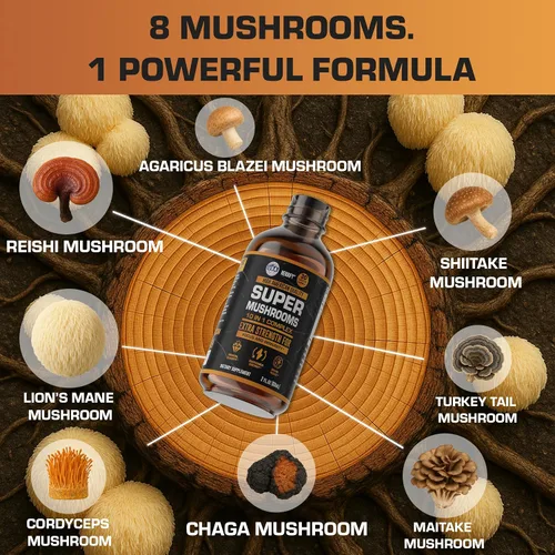 Vista 2 de Suplemento de hongos – Lions Mane Reishi Cordyceps Chaga Turkey Tail Inulina y más hongos para apoyo inmunológico, energía – Suplementos cerebrales