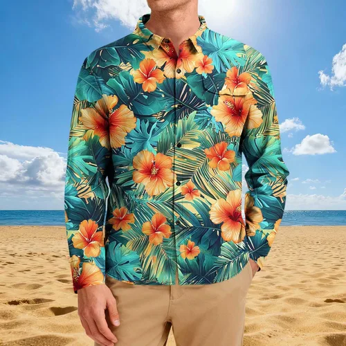 Vista 3 de Camisa hawaiana de manga larga con botones florales tropicales para hombre, camisas de playa con estampado de flores, camisas casuales de viaje