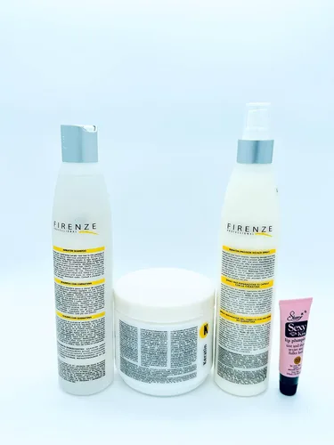 Vista 2 de Firenze Professional Champú de queratina de 10.1 onzas, máscara de 13.5 onzas líquidas y espray de proteína de 10.1 onzas líquidas, brillo labial
