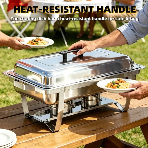 Vista 3 de Juego de Bandejas Calentadoras (Chafing Dish) para Buffet de 4 Piezas, Bandeja de Comida Rectangular Plegable de Acero Inoxidable de 8 Cuartos