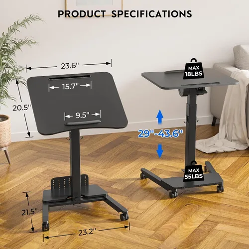 Vista 2 de BONTEC Escritorio móvil de pie de altura ajustable, carrito rodante para laptop con estante de almacenamiento, ganchos, estación de trabajo portátil