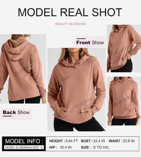 Vista 4 de SHEWIN - Sudadera informal con capucha para mujer, unicolor, ligera y holgada, sin botones, con mangas largas y bolsillo