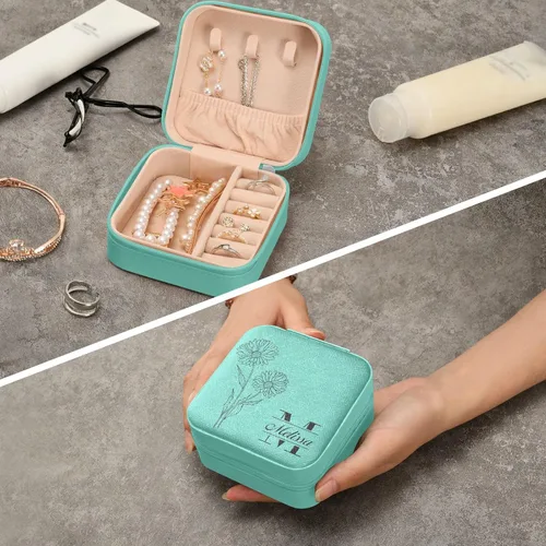 Vista 8 de Caja de joyería de viaje personalizada de flores verdes de piel sintética portátil personalizable organizador de viaje pequeño joyero para anillos