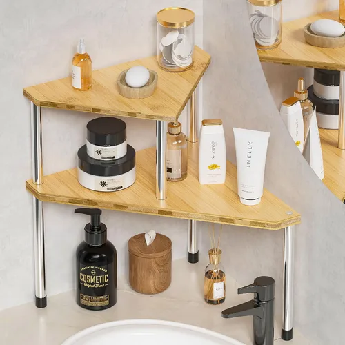 Vista 8 de Weenson Organizador de Mostrador de Baño Estante de Esquina - Organizador de Baño de 2 Niveles Organización de Baño Estante de Bambú para Lavabo
