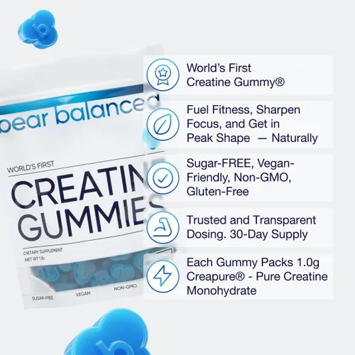 Vista 2 de Bear Balanced Gomitas de Creatina para Hombres y Mujeres - Creapure® Creatina Monohidrato, L-Teanina, L-Tirosina y B12 para el Crecimiento Muscular