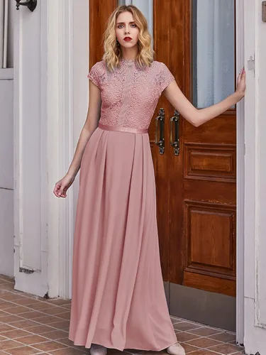 Vista 4 de Miusol Vestido largo formal de dama de honor con cuello redondo y encaje floral para mujer