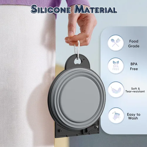 Vista 5 de Pawaboo Cuencos plegables 2 en 1 para perros, cuencos dobles para comida y agua, cuenco de silicona portátil de 180° con gancho de metal, comedero