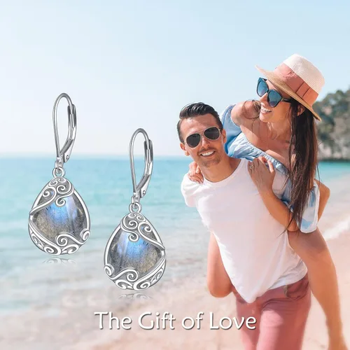 Vista 149 de Aretes colgantes con forma de lágrima de filigrana de piedra lunar de plata de ley 925 con cierre de palanca para mujer, regalos de joyería