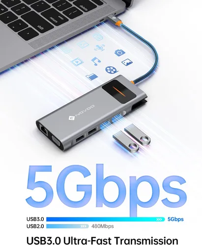Vista 7 de NOVOO Estación de acoplamiento USB C Monitor dual HDMI para laptop Dell HP Tipo USB C Hub Adaptador multipuerto Thunderbolt 3 Dongle a 2 HDMI 4K Gris