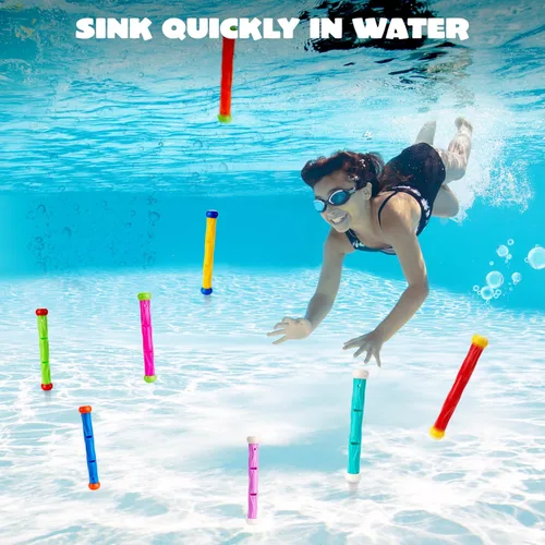 Vista 2 de JOYIN Bastones de buceo, juguetes de piscina, 8 piezas de entrenamiento subacuático para niños, colorido juguete de natación hundimiento, palos